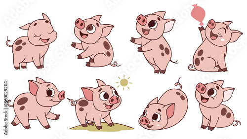 Eight Adorable Cartoon Piglets in Various Poses.