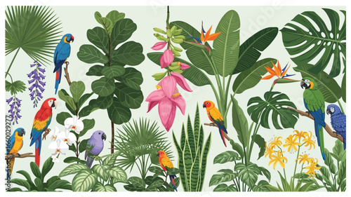 Colorful parrots perched among tropical plants and flowers.Nature background. Tropical green leaves, exotic plants, flowers, botanical border, floral banner, card design