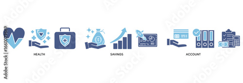 HSA icon set vector illustration concept relate to for health saving account with icon of healthcare, growth, id card, and accounting