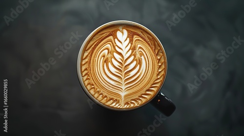 Top-Down Heart Latte Art on Black Background with Professional Lighting and Bokeh Effect
