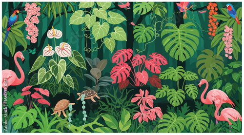 Tropical botanical landscape, palm tree,monstera, plant floral seamless border background. Exotic green jungle wallpaper.