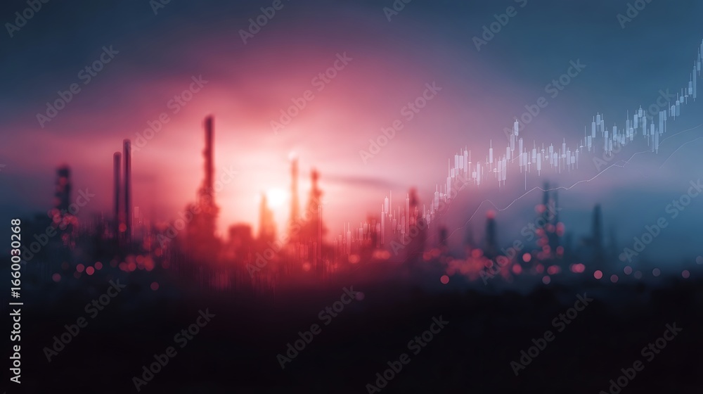 Fototapeta premium Oil price graph overlay on a futuristic refinery skyline