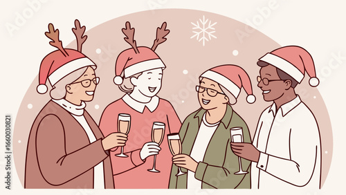 Four Friends Celebrating Christmas with Champagne.