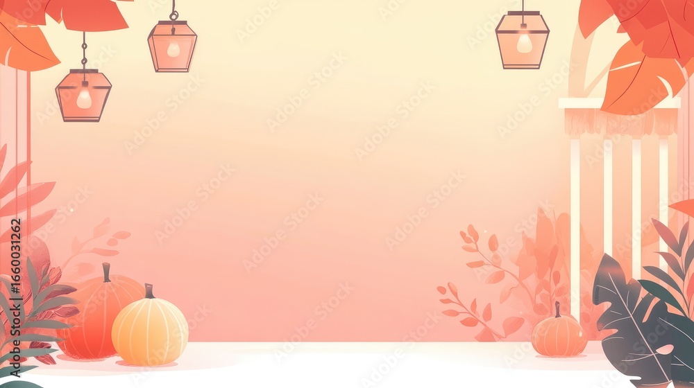 Fototapeta premium Pixel Art of Autumn Scene with Pumpkins Lanterns and Foliage with an 8 Bit Aesthetic in Orange and Beige Palettes