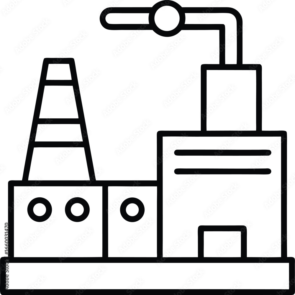 Industrial factory complex with multiple buildings, pipes, and a chimney, representing manufacturing and production, isolated on transparent background Industrial factory complex with multiple buildings, pipes, and a chimney, representing manufacturing and production, isolated on transparent background