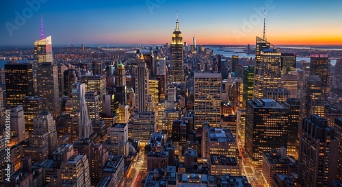 Illuminated Skyline of New York City at Dusk, Capturing the Urban Majesty