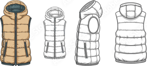 Hooded puffer vest CAD drawing, technical fashion flat sketch, sleeveless down jacket vector illustration, front side back design template