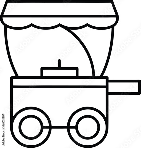 Outline illustration of a mobile cart with wheels and a handle, isolated on transparent background