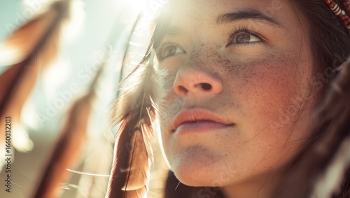 A young woman in traditional attire gazes thoughtfully as sunlight filters through