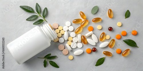 Assorted colorful pills and supplements spilled from a white bottle with green leaves scattered on a gray surface