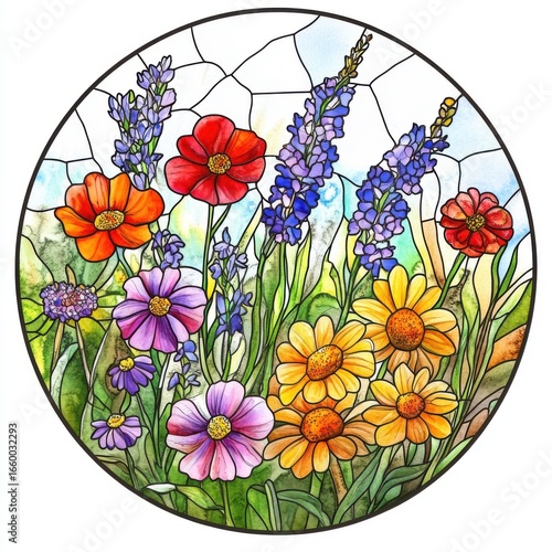 Vibrant Wildflower Garden in Stained Glass Style
