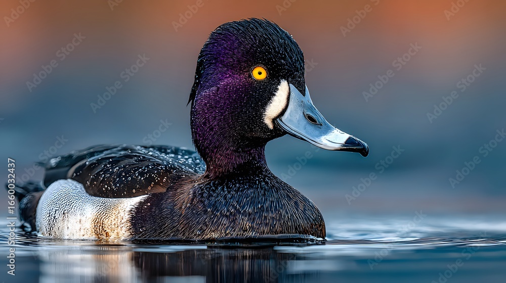 Fototapeta premium Stunning, head-on wildlife photograph of a Ring-necked Duck on calm water, capturing its intense yellow eyes and iridescent head feathers.