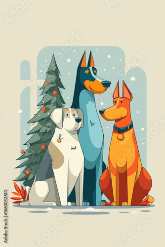 Three Playful Dogs in a Winter Scene with Christmas Tree