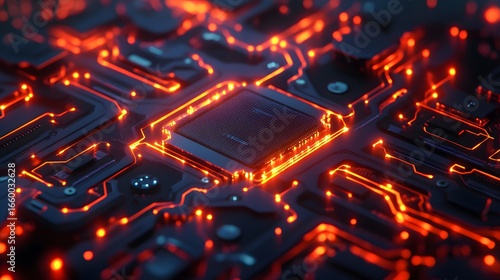 Intricate close up of a central processing unit with illuminated circuitry and glowing red light creating an abstract design representing technology and innovation.