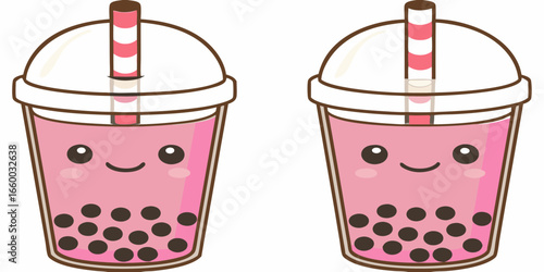 Two cute cartoon bubble tea drinks with smiling faces and pink liquid