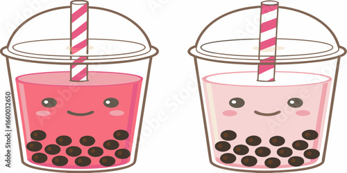 Cute Bubble Tea Illustration with Strawberry and Rose Flavors and Smiling Faces