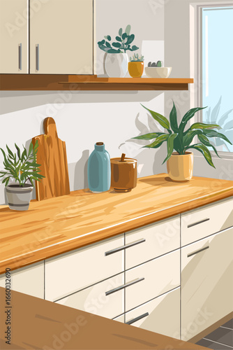 Stylish Kitchen Interior with Wooden Counter and Decorative Plants