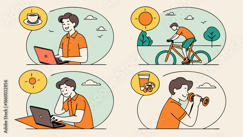 Illustration of a young man engaging in various healthy lifestyle activities.