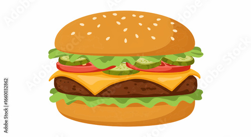 Vector illustration of a delicious double cheeseburger with sesame bun, beef, cheese and lettuce
