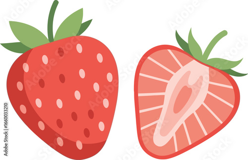 A graphic illustration of a whole red strawberry and a cross-section of a sliced strawberry half.