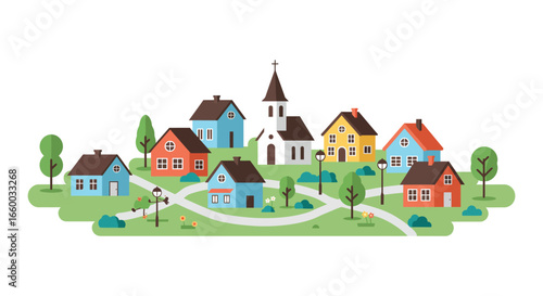 A colorful illustration of a small town with houses and a church