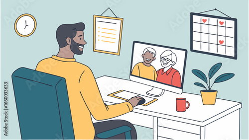 Man in Yellow Shirt Video Calling on Computer at Desk.