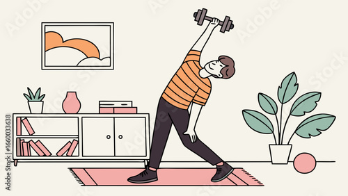 Man Doing Side Bend Exercise with Dumbbell at Home.