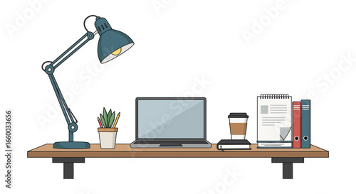 A desk with a lamp laptop plant coffee cup and office supplies