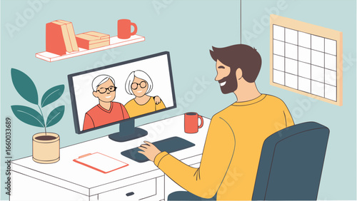 Man Video Conferencing with Elderly Couple at Home.