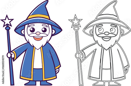 Cartoon Wizard Character, Colored and Outline Versions, Perfect for Coloring Books