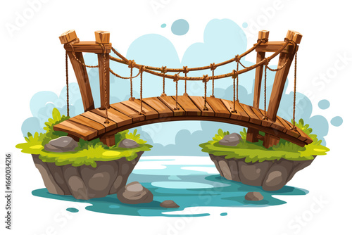 Illustrated Wooden Suspension Bridge Over Water with Rocks and Lush Greenery