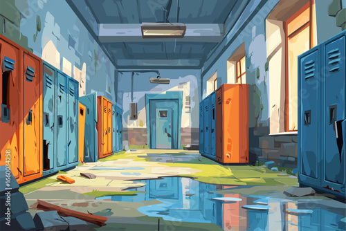 Abandoned School Hallway with Colorful Lockers and Puddles
