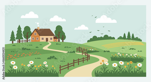 A house on a green hill with a path and flowers