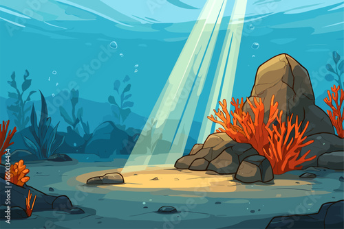 Vibrant Underwater Scene with Coral Reefs and Sunlight Streaming Through Water