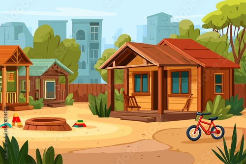 Charming Outdoor Play Area with Wooden Cottages and Bicycle