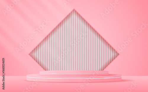 Pink podium with elegant white lines and a white slatted backdrop set in a square window for displaying advertisements. Display of cosmetic products. Stage or podium. vector illustration	