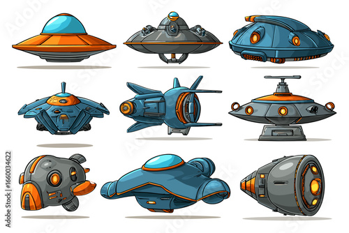 Set of Colorful Cartoon UFOs and Spacecraft Illustrations