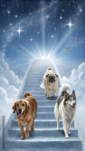 Group of Dogs Walking Together into the Clouds