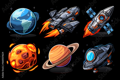 Colorful Cartoon Space Elements Featuring Planets and Rockets