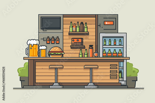 Stylized Bar Scene with Drinks and Snacks in a Minimalistic Design