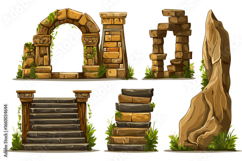 Set of Detailed Cartoon Ancient Ruins with Lush Greenery for Game Design