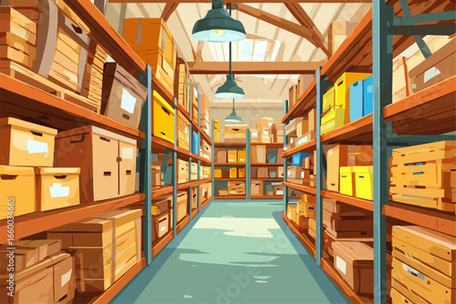 Bright and Organized Storage Room with Shelves Full of Colorful Boxes and Bins