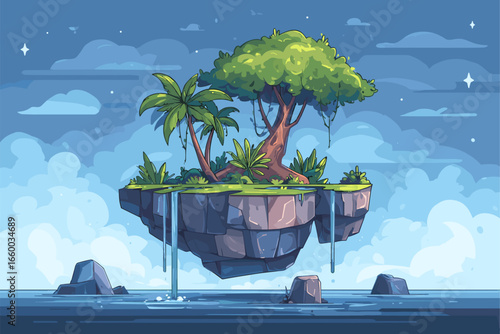 Vibrant Floating Island with Lush Vegetation and Waterfalls