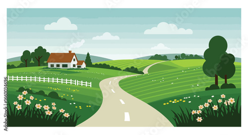 A white house with a brown roof and a winding road in a rural landscape