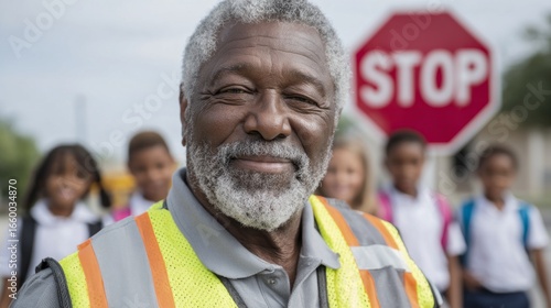 Senior crossing guard smiles while ensuring children's safety at a school intersection during a sunny day