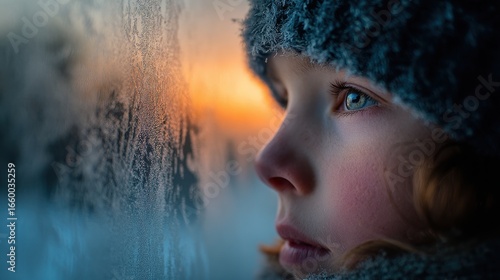 A child watches the wintry sunset through a frosted window, captivated by the beautiful colors