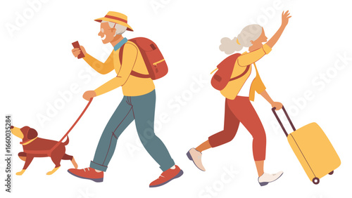 Senior Couple Traveling with Dog and Luggage.