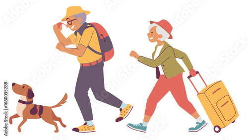 Senior couple traveling with dog and suitcase.