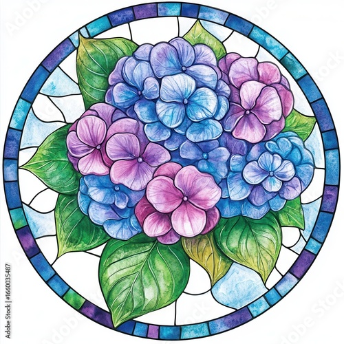 Watercolor Hydrangea Bouquet in Stained Glass Circular Frame