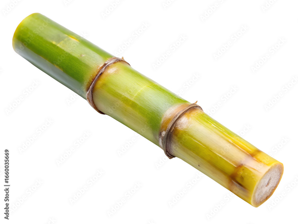 Fototapeta premium Fresh sugarcane stalk isolated on a transparent background, showcasing its vibrant green color and fibrous texture, a natural source of sweetness and energy